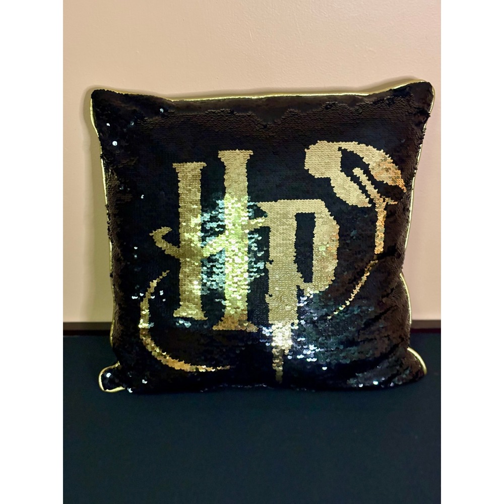Harry Potter Wizarding World Reversible Sequin Brush Pillow Black Gold 15x15